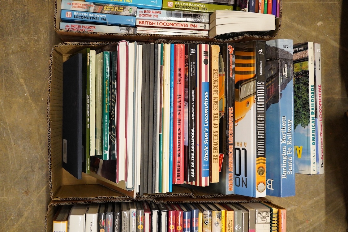 Four boxes of railway related books, primarily American outline, subjects include; the Union Pacific, Boston & Albany, North American Locomotives, British Railways locomotives ABCs, etc., publishers include; Morning Sun